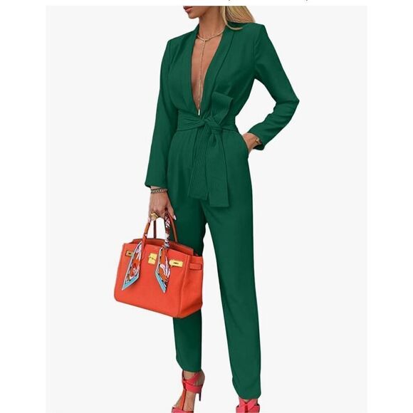 NEW Deep V Neck Shawl Collar Long Sleeve Pockets Jumpsuit S NO BELT - Picture 1 of 6